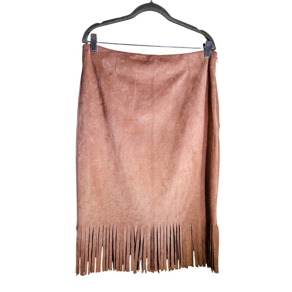 Spence Boho Chic Faux Suede Fringe Skirt Soft Camel Midi Length Statement Piece